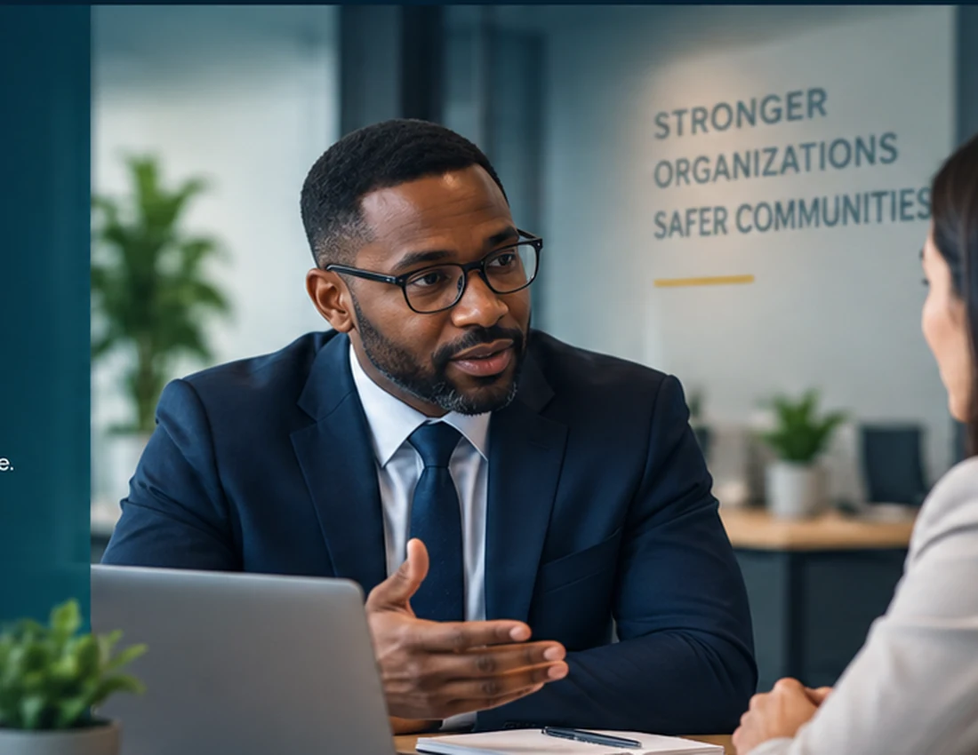 Fictional security advisor meeting with a business leader